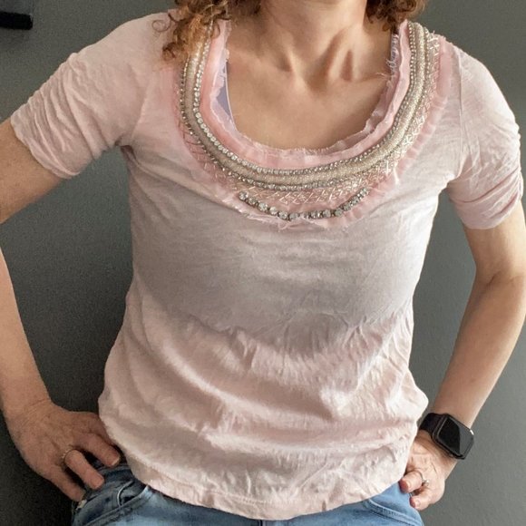 Anthropologie Deletta tee Size XS "Jewelscape Tee" in pale pink with sparkle! - Picture 1 of 5